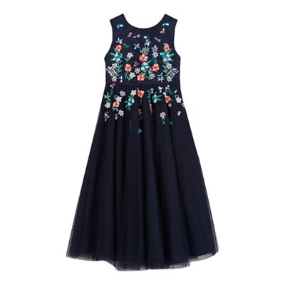 Girls' navy floral embellished dress